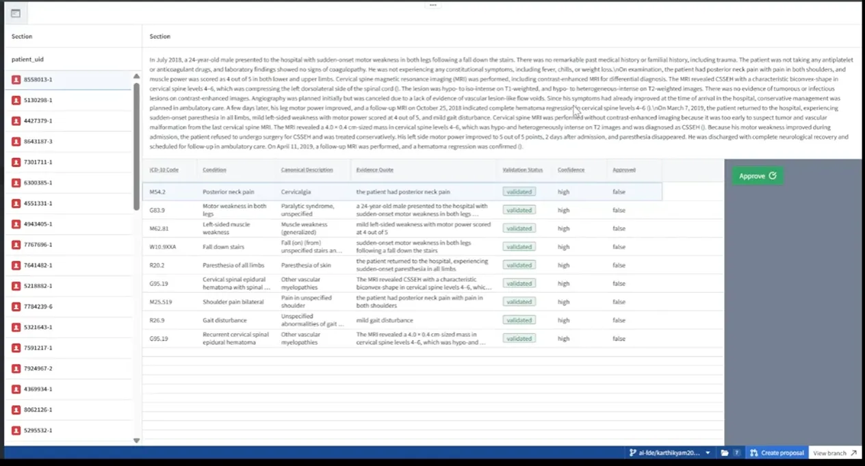 Coding workspace with clinical evidence and suggested codes.